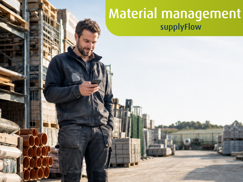 Worker at a construction materials storage yard using a smartphone. In the top right, the text reads “Material management – supplyFlow”.