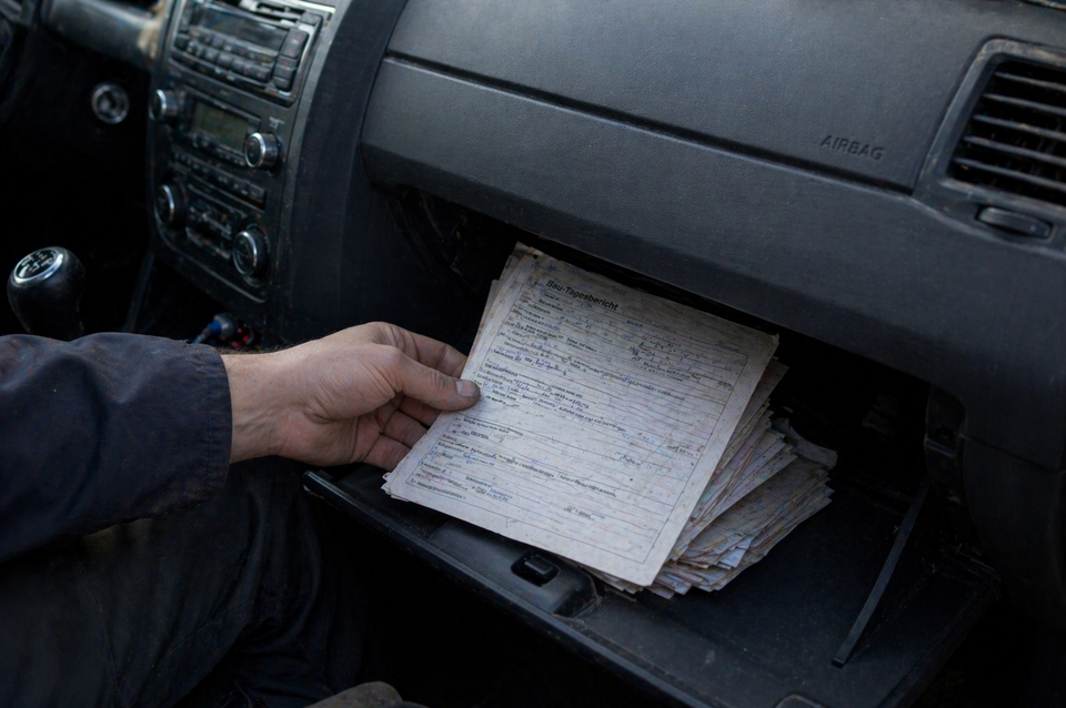 A forgotten daily construction report in the glove compartment of the van