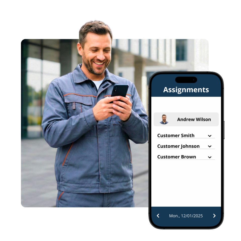 Mitarbeiter nutzt geoCapture App auf dem Smartphone zur mobilen Einsatz- und Aufgabenübersicht