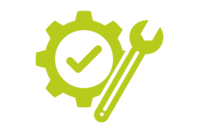 Icon mit Zahnrad, Haken und Schraubenschlüssel – Symbol für Wartung, Service, Einstellungen und technische Unterstützung