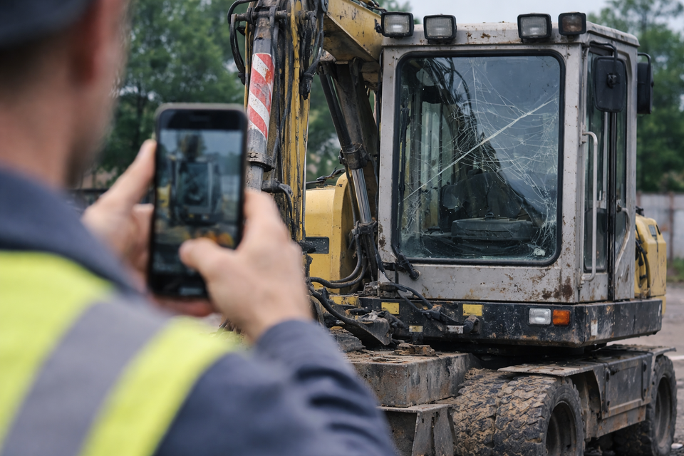 Employee takes photo of the damage to the excavator