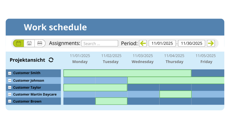 Digitale Projekt- und Einsatzplanung mit übersichtlichem Wochenplan im Work Schedule