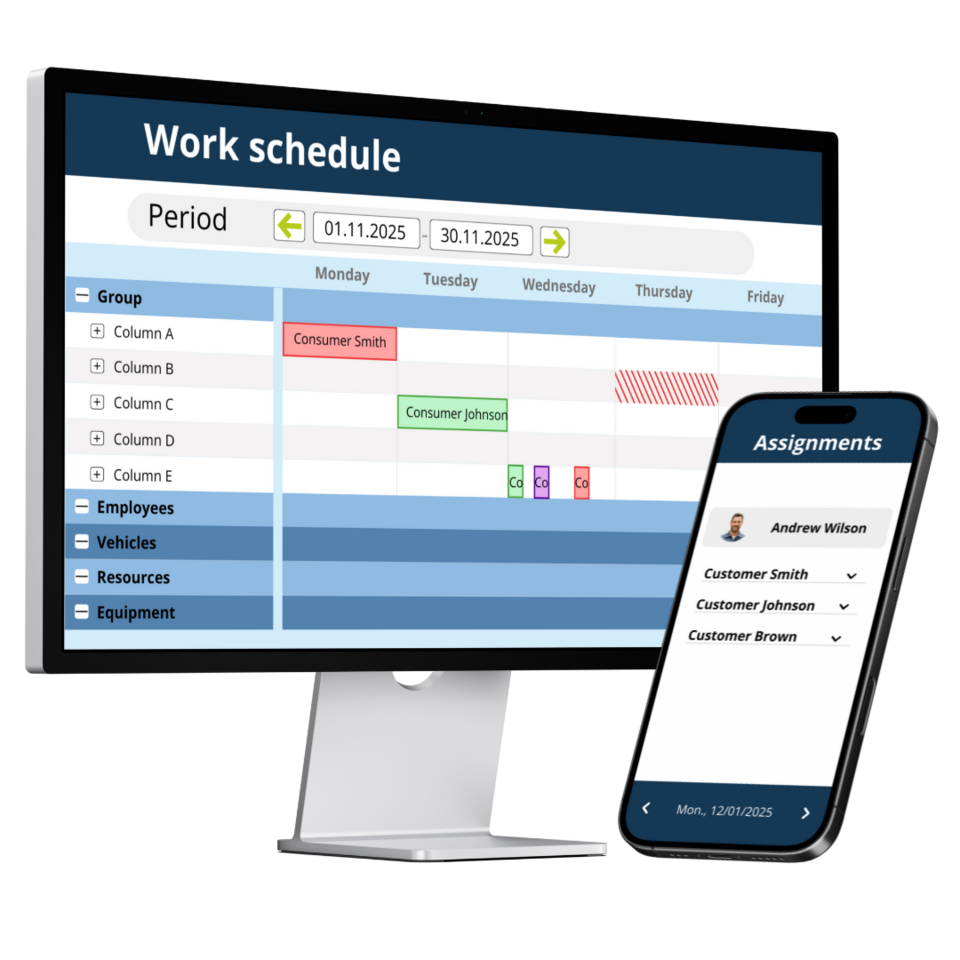 Digitale Einsatz- und Arbeitsplanung auf Desktop und Smartphone – Wochenübersicht mit Mitarbeiter-, Fahrzeug- und Ressourcenzuordnung in einer Workforce-Management-Software