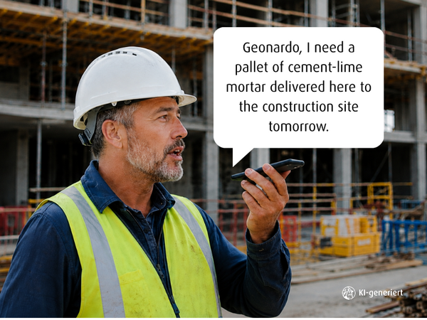 Construction worker wearing a hard hat and high-visibility vest speaks into his smartphone on a construction site. A speech bubble reads: “Geonardo, I need a pallet of cement-lime mortar delivered here to the construction site tomorrow.”