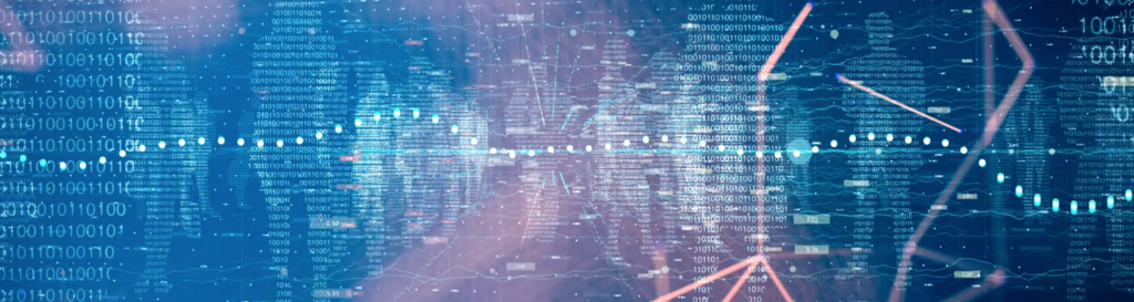 Visualization of a digital world map with binary codes, data points and lines symbolizing global networking and data flow.