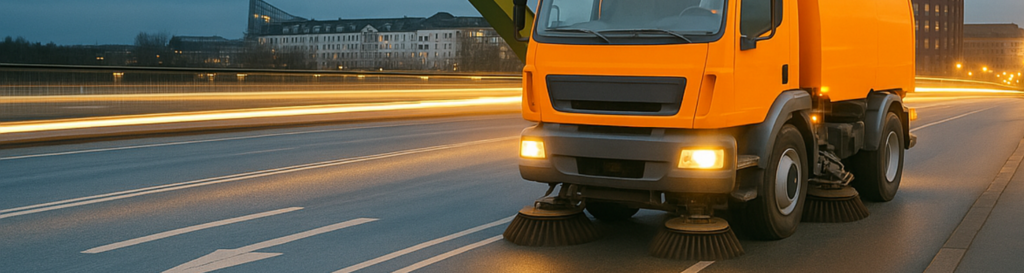 Orangefarbene Kehrmaschine im Einsatz auf einer Straße bei Dämmerung als Beispiel für kommunale Fahrzeugtechnik und Fuhrpark.
