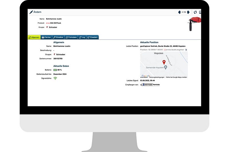 Computerbildschirm mit geöffneter Verwaltungssoftware und Kartenansicht