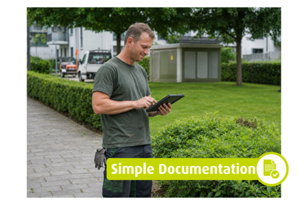 Man using a tablet beside a hedge in a landscaped area. Text in the image: “Simple Documentation”.