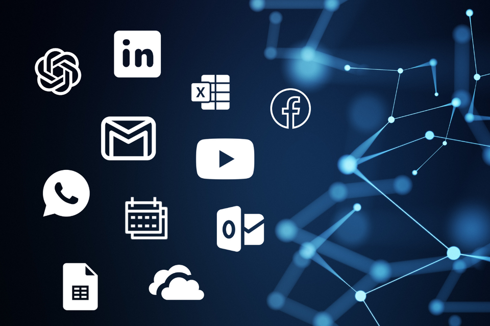 Representation of various digital platforms such as LinkedIn, Gmail, Excel, Facebook, WhatsApp and YouTube in front of an abstract network background - symbolic image for the seamless integration of external applications via geoCapture-Zapier interfaces.