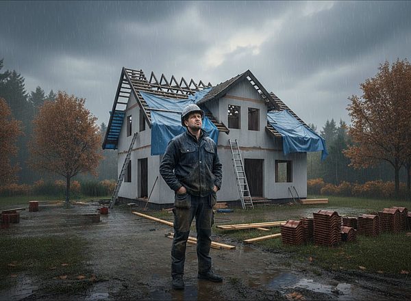 Construction worker standing in the rain on a building site