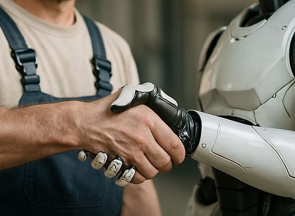 A human in work clothes shakes the hand of a robot