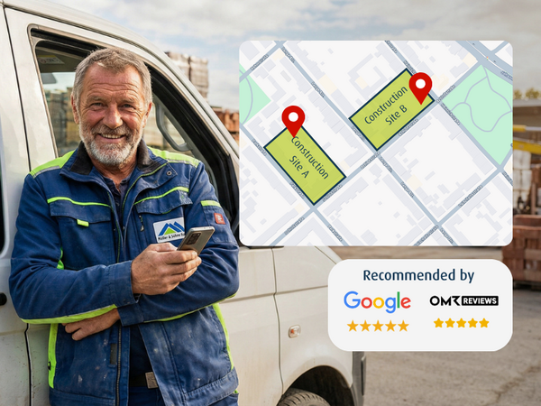Construction worker with smartphone next to van using GPS vehicle tracking, showing live fleet locations and job sites on a digital map.