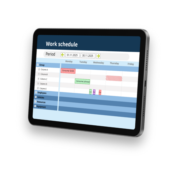 Digitale Work-Schedule-Ansicht zur Einsatz- und Ressourcenplanung auf Tablet