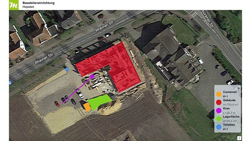 Satellitenansicht einer Baustelleneinrichtung in Hopsten mit farbig markierten Bereichen für Gebäude, Container, Kran, Lagerfläche und Toiletten.