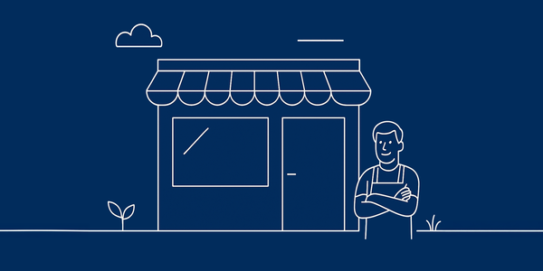 Illustration of a smiling craftsman in front of a store - symbolic representation of small and medium-sized companies that can automate processes efficiently and without programming knowledge with geoCapture using digital interfaces such as Zapier.