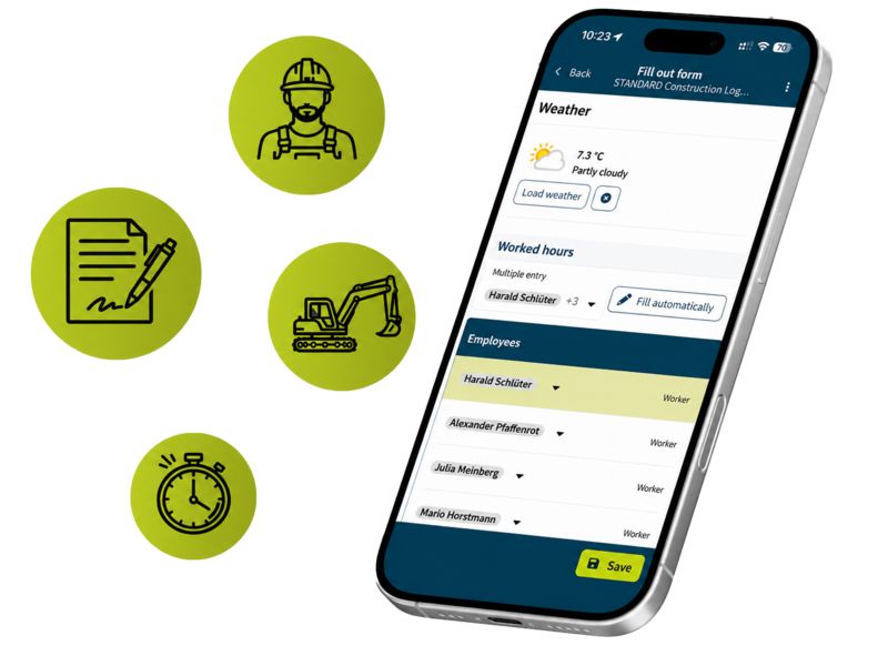 Smartphone mit Formular zur Baustellendokumentation (Wetter, Arbeitsstunden, Mitarbeiter) in englischer Sprache. Daneben Icons für Mitarbeiter, Dokumentation, Maschinen und Zeit, die die erfassten Bereiche symbolisieren.