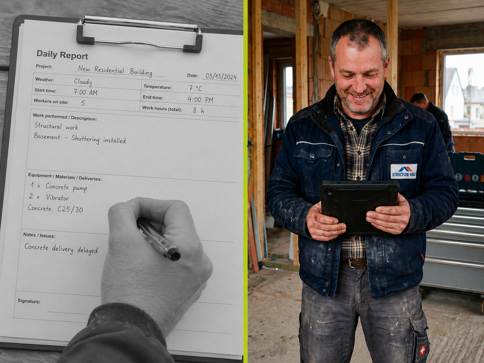 Vergleichsbild: links ein handschriftlicher Baustellenbericht auf Papier, rechts ein Handwerker auf einer Baustelle, der ein Tablet nutzt – symbolisiert den Wechsel von analoger zu digitaler Dokumentation.