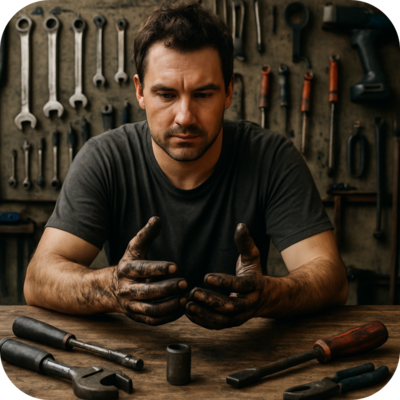 Workshop employee with oil-smeared hands