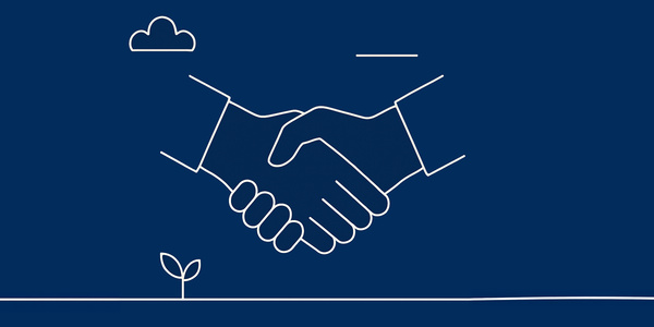 Illustration of a symbolic handshake on a blue background - stands for reliable partnerships, simple integration of external services and automated collaboration through Zapier interfaces in the geoCapture context.