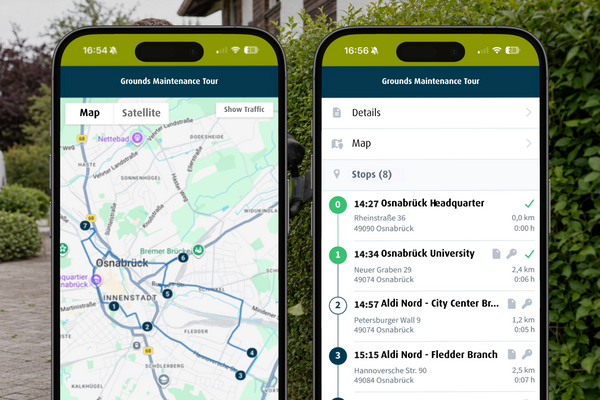 Two smartphone screens showing a “Grounds Maintenance Tour” in Osnabrück: one displays the route on a map, the other lists scheduled stops with times, addresses and distances.