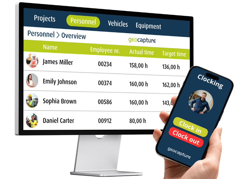 geoCapture Personalübersicht mit Arbeitszeiten auf dem Desktop und mobiler App zum Ein- und Ausstempeln der Mitarbeiter.